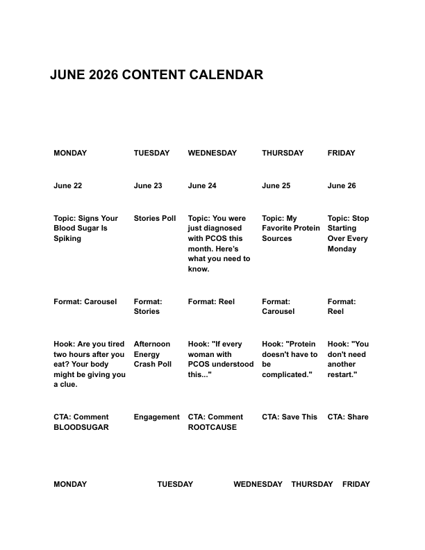 Preview of the June content calendar showing planned formats, hooks, and calls to action
